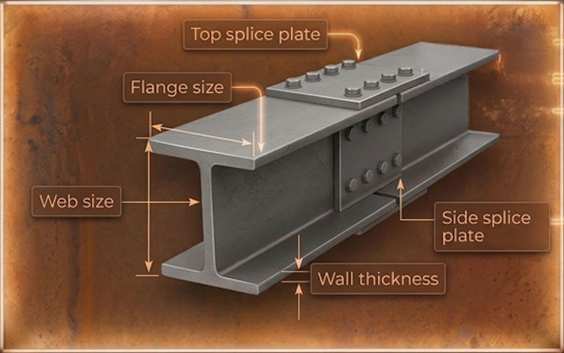 Connecting plate diagram with labeled top splice plate, flange size, web size, side splice plate, and wall thickness