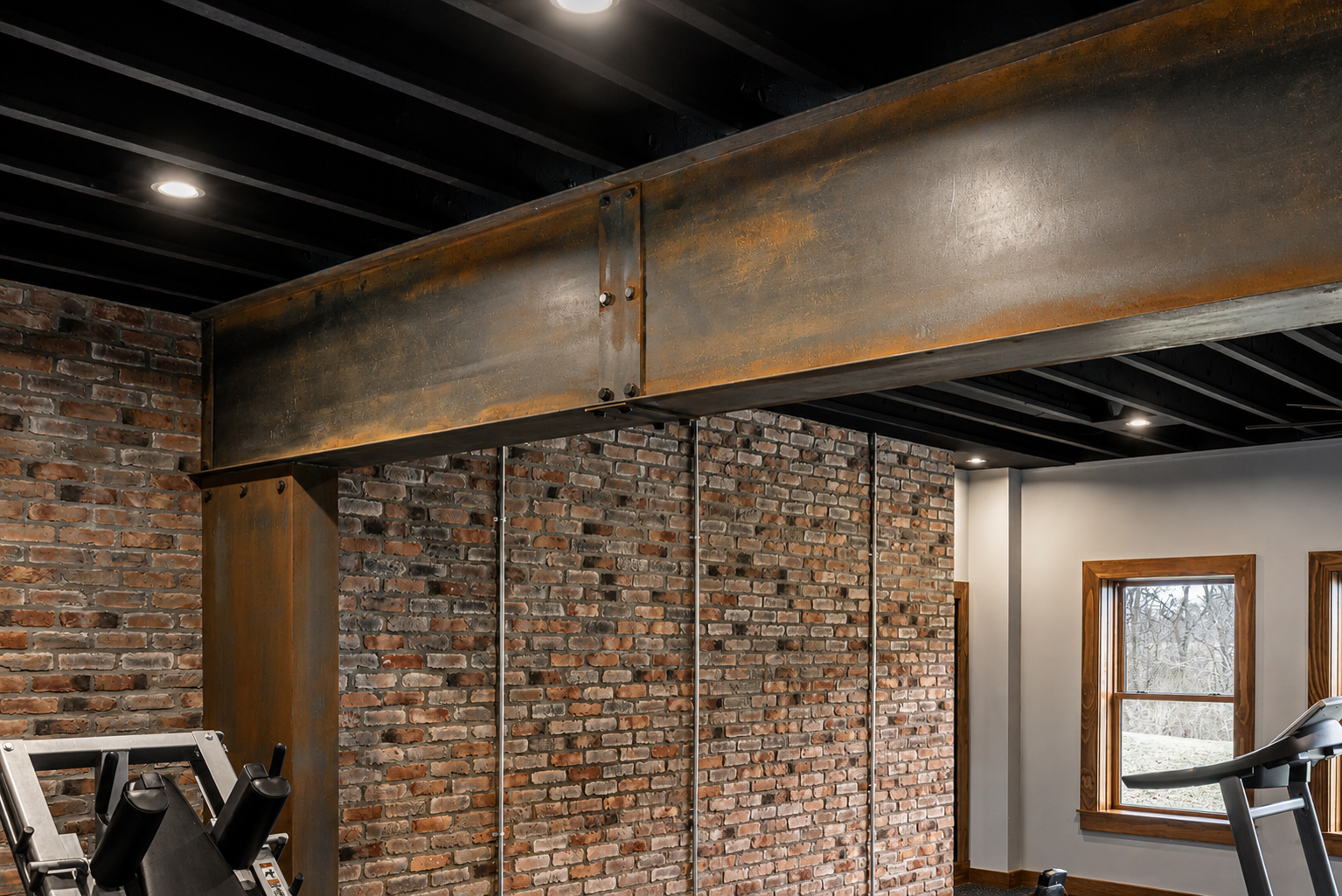 Large rusted H-beam in residential gym with exposed brick walls