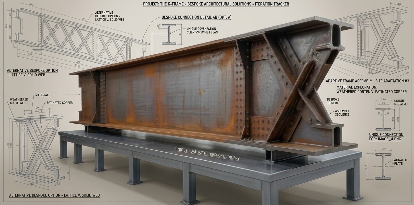 Bespoke K-frame weathered corten steel beam with architectural engineering drawings