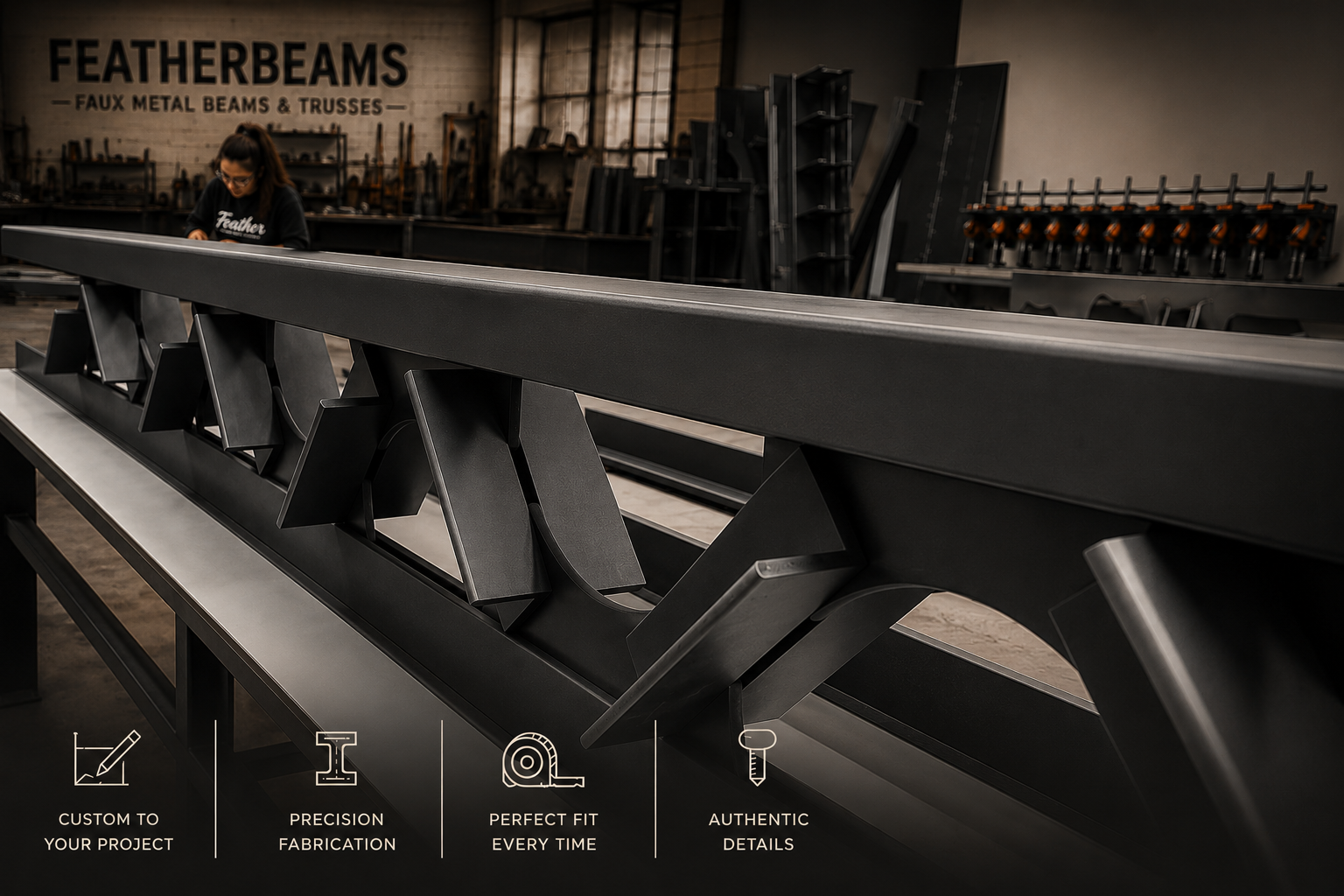 Featherbeams fabrication shop — custom faux steel beams and trusses being crafted