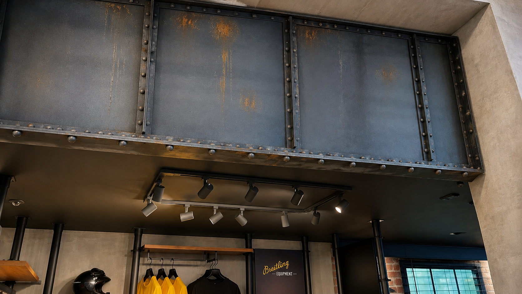 Breitling store with riveted faux steel panels and rust finish