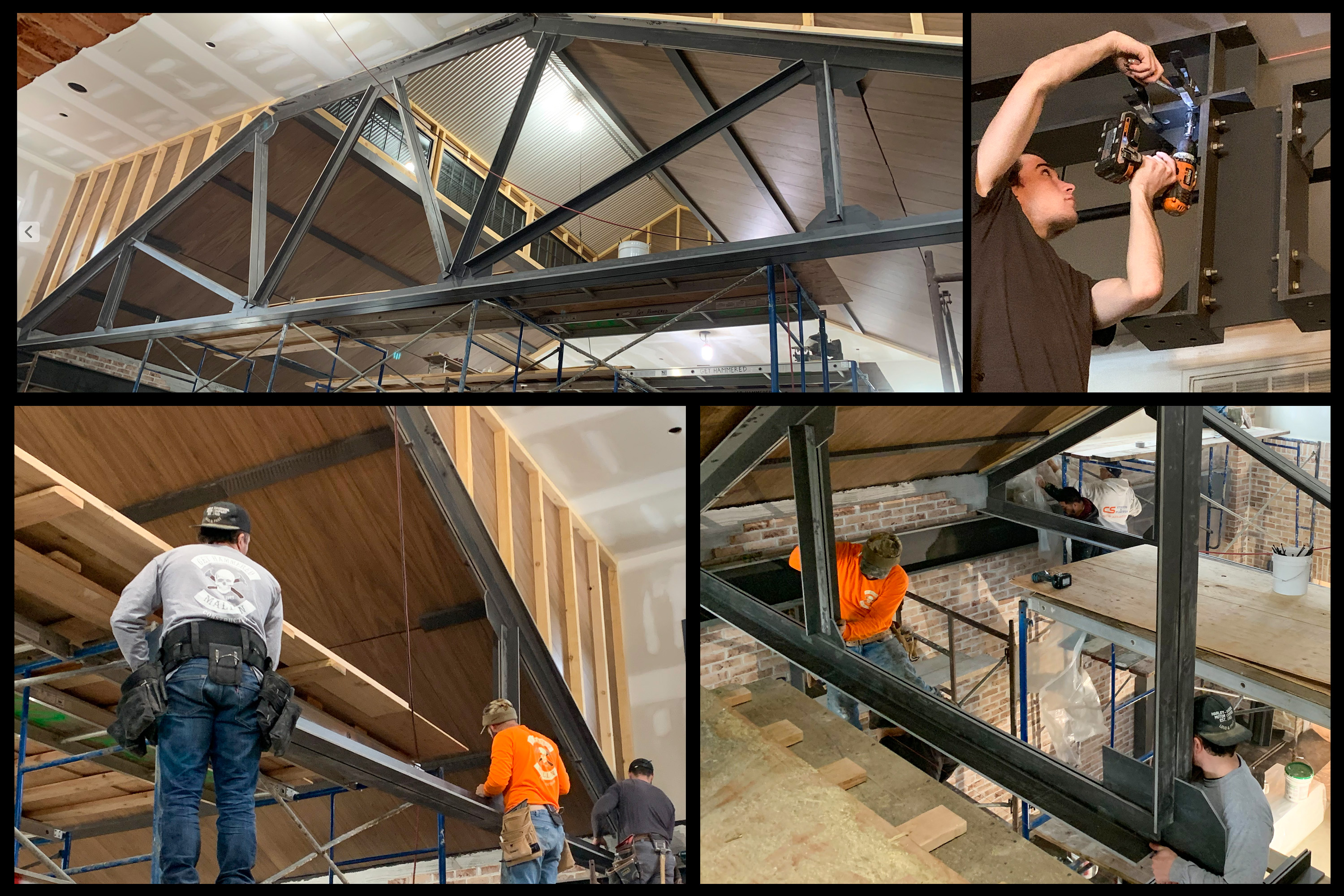Featherbeams crew installing trusses on scaffolding